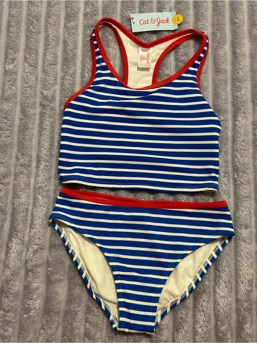 Cat & Jack Blue and White Stripe Two-Piece Tankini with Red Trim